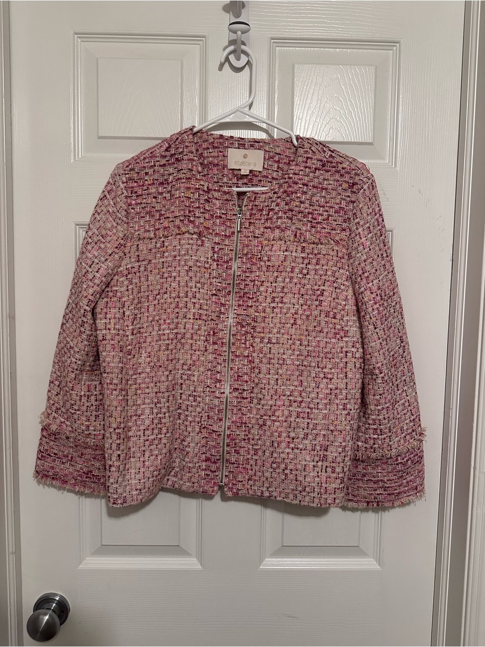 Etcetera Pink Tweed Bouclé Fringe Zip Jacket Blazer Size 12